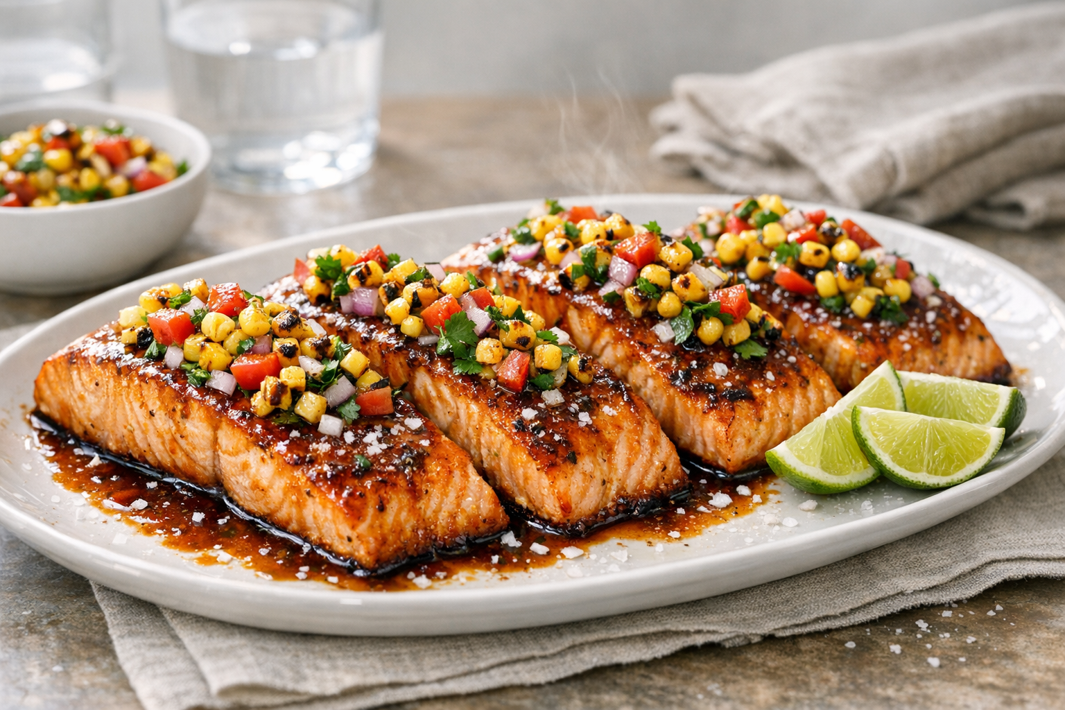 Chili Lime Baked Salmon with Roasted Corn Salsa
