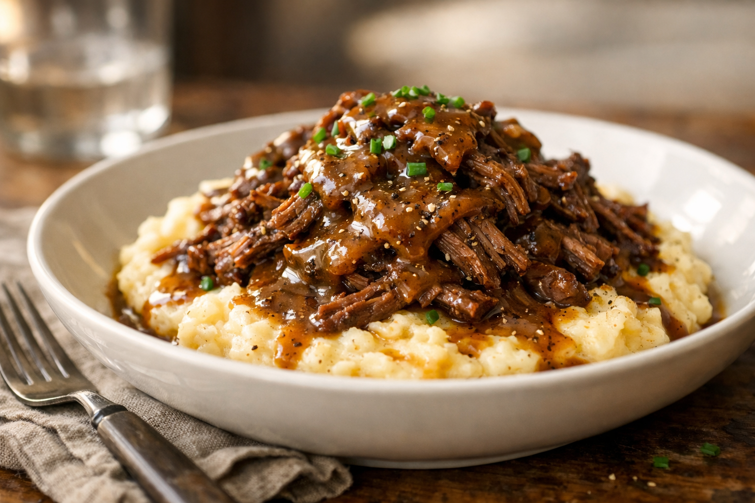 Smoky Braised Beef with Cheddar Mash & Gravy