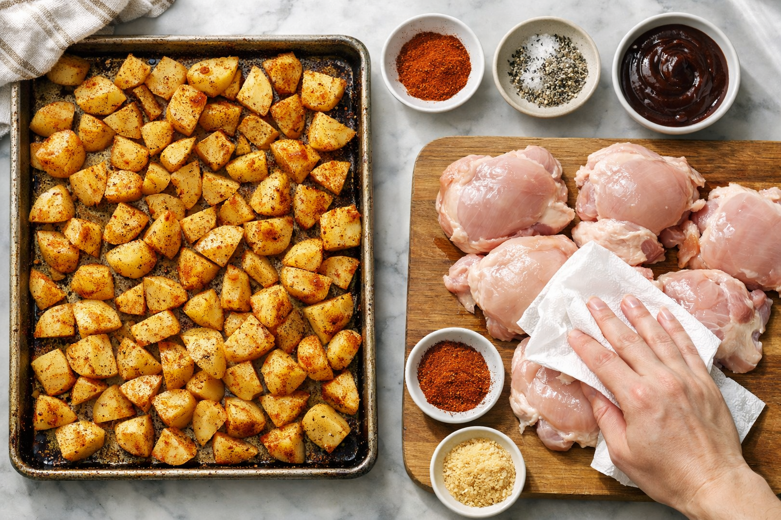 Oven-Baked BBQ Chicken Thighs with Roasted Potatoes