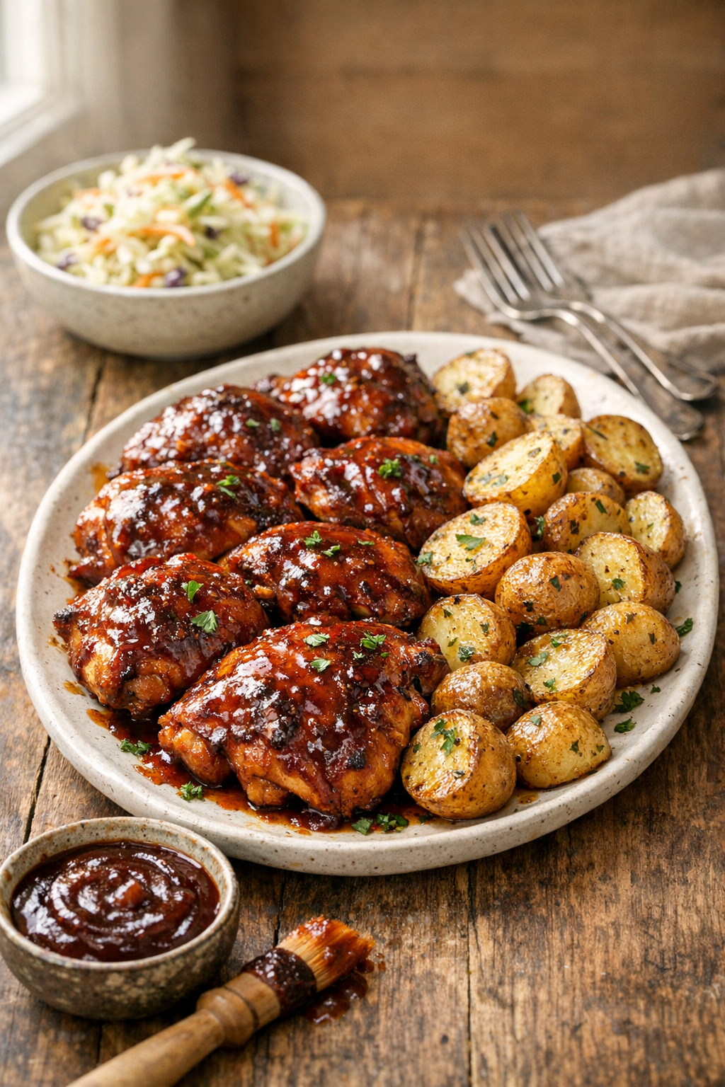 Oven-Baked BBQ Chicken Thighs with Roasted Potatoes