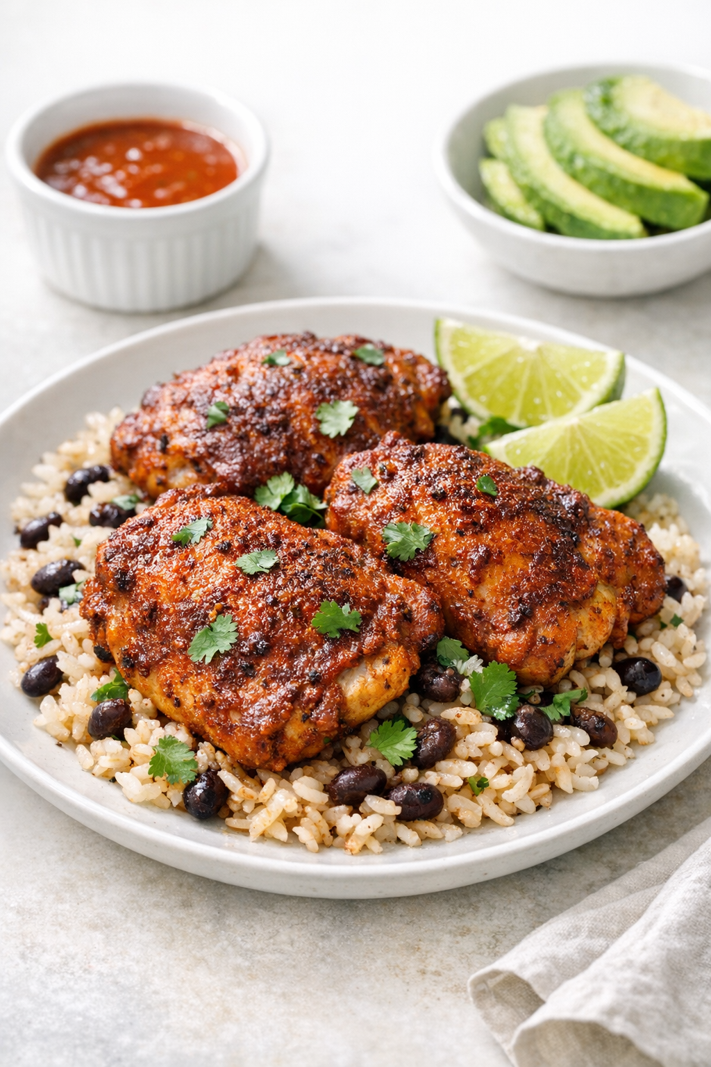 Smoky Paprika Baked Chicken Thighs with Rice and Beans recipe