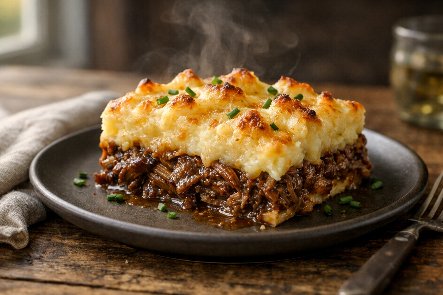 Smoky Braised Beef & Cheddar Potato Casserole