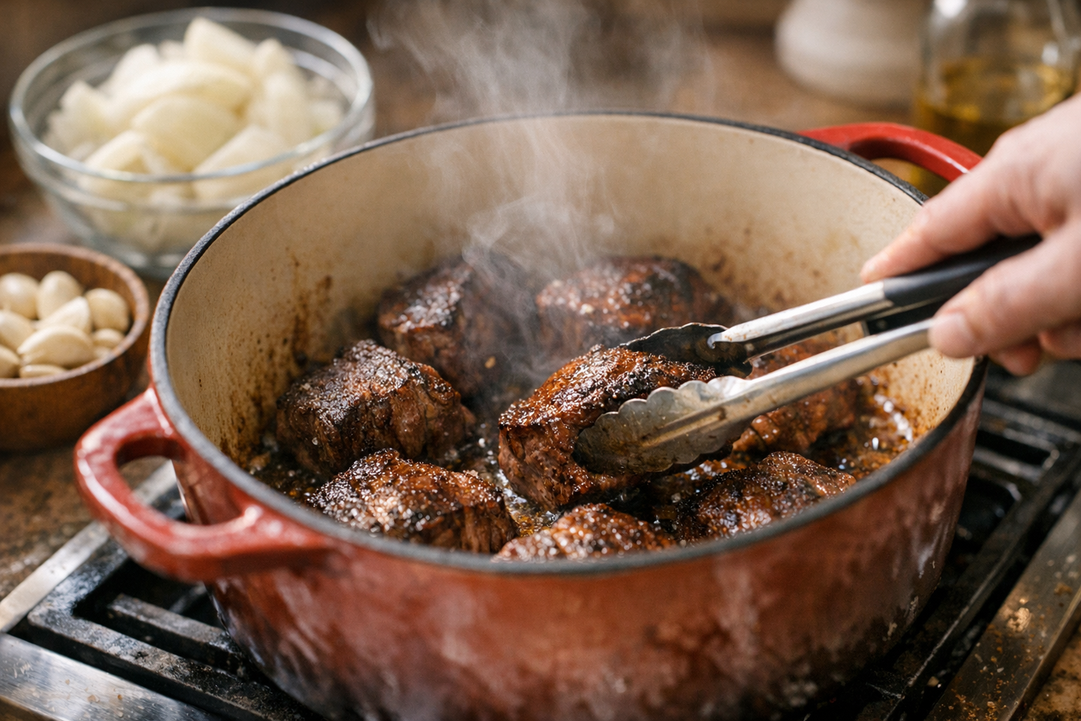 Smoky Braised Beef & Cheddar Potato Casserole