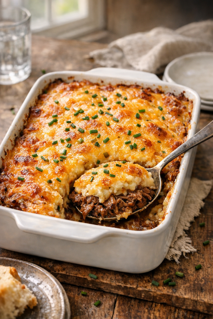Smoky Braised Beef and Cheddar Potato Casserole recipe