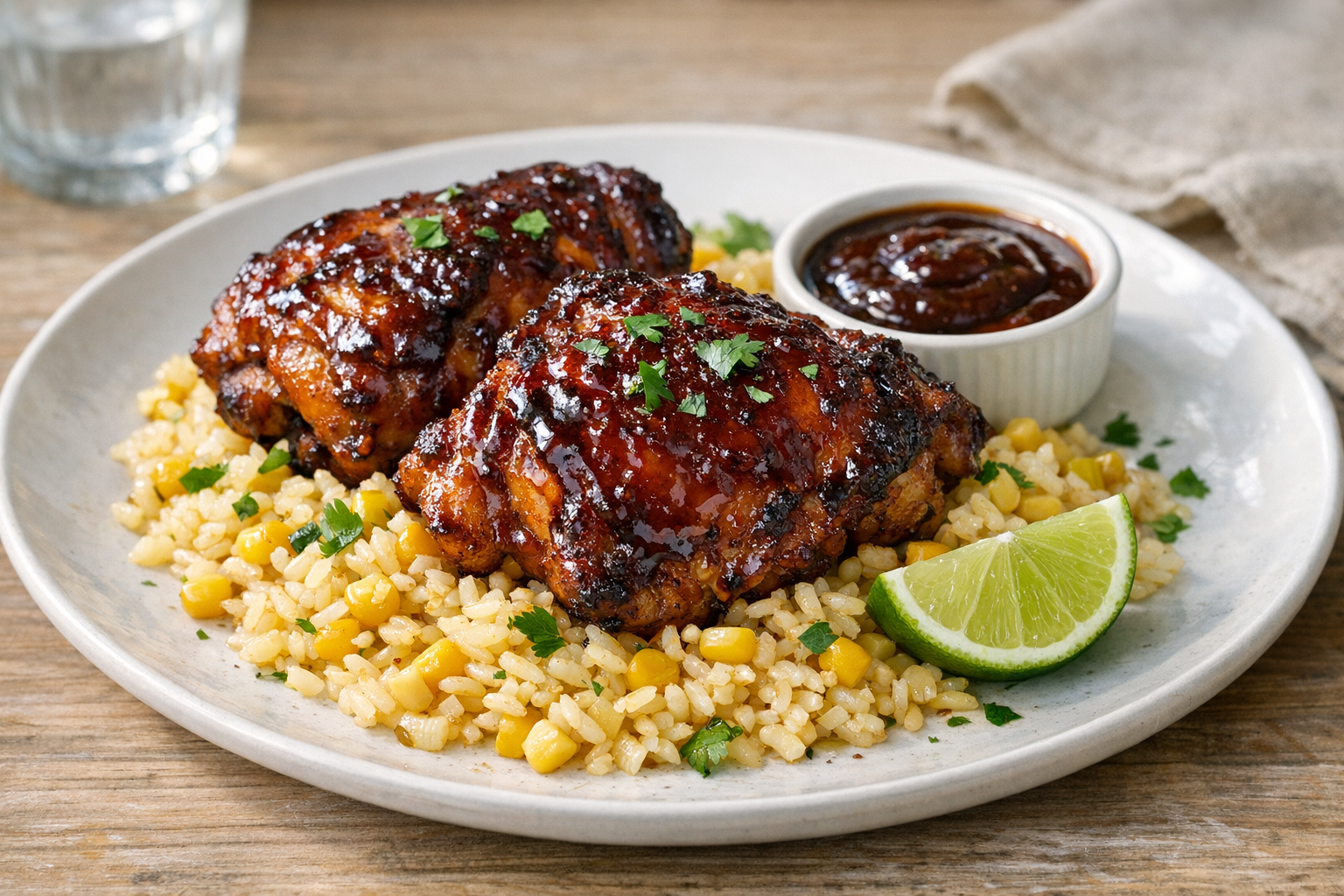 Oven-Baked BBQ Chicken Thighs with Sweet Corn Rice