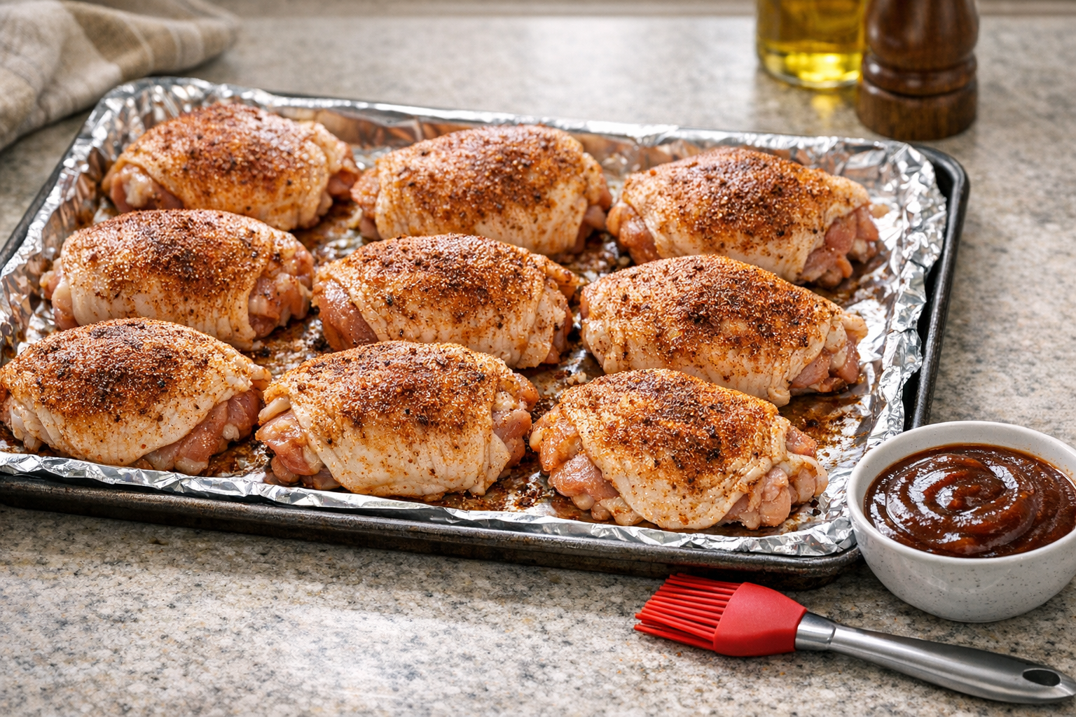 Oven-Baked BBQ Chicken Thighs with Sweet Corn Rice