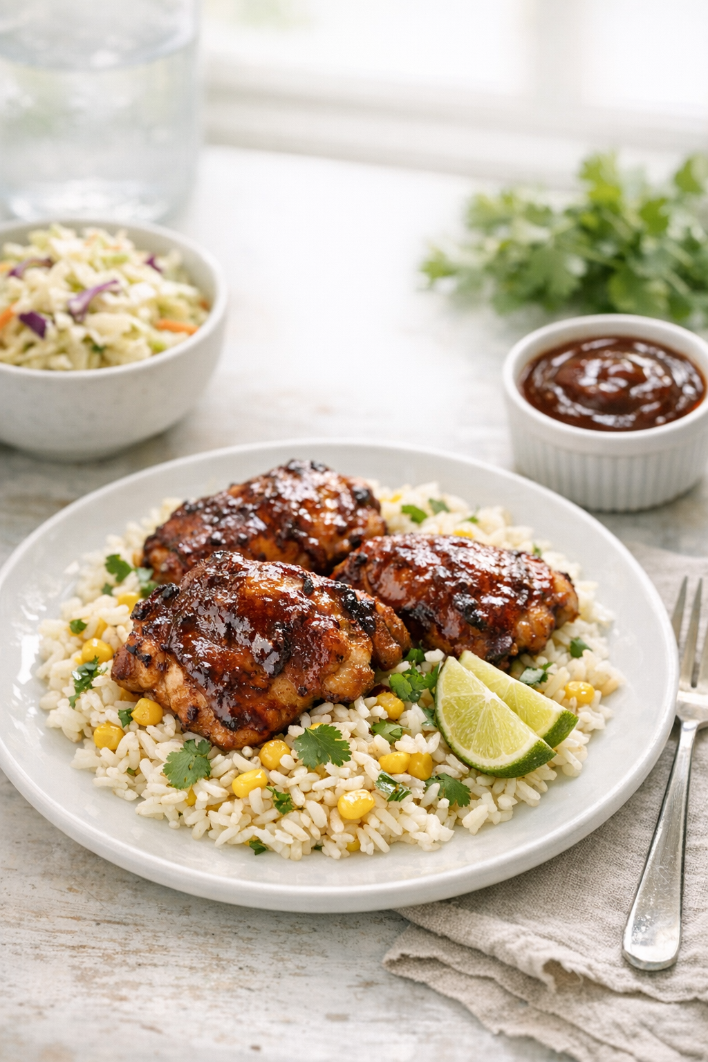 Oven-Baked BBQ Chicken Thighs with Sweet Corn Rice recipe