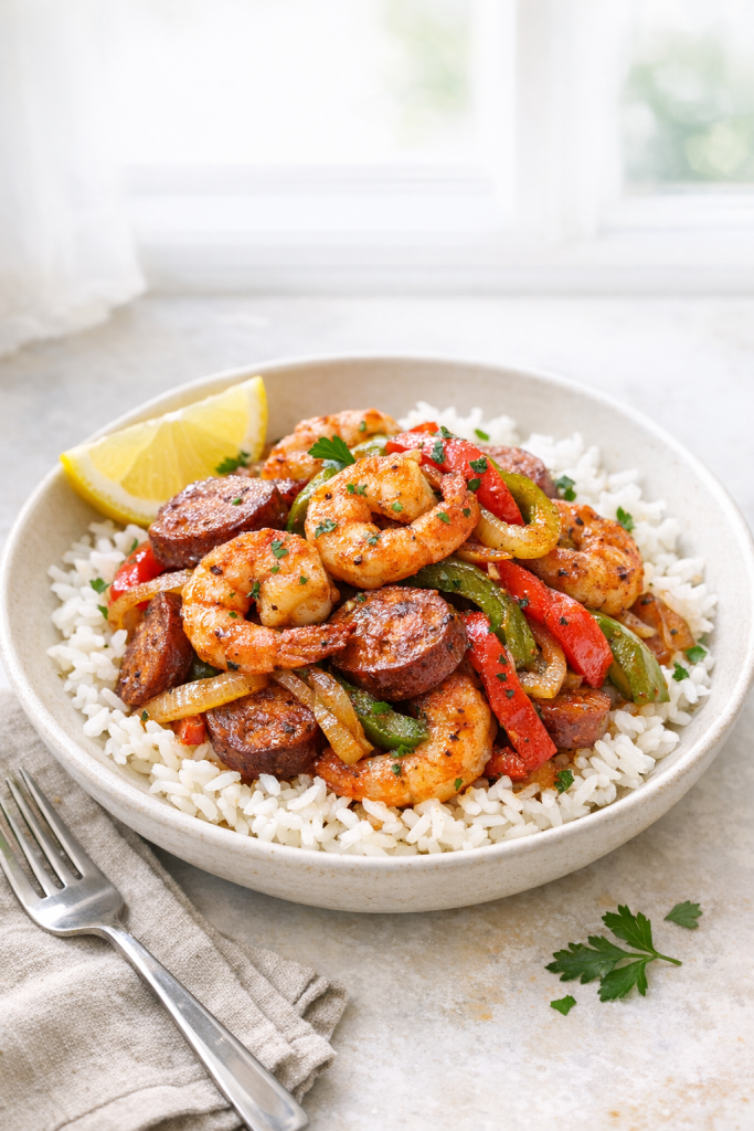 30-Minute Cajun Shrimp and Sausage Skillet with Peppers recipe