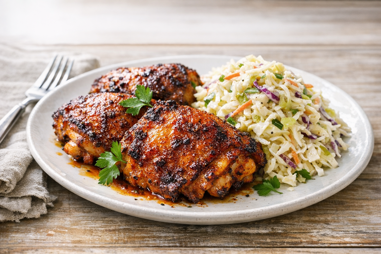 Smoky Paprika Baked Chicken Thighs + Cabbage Slaw