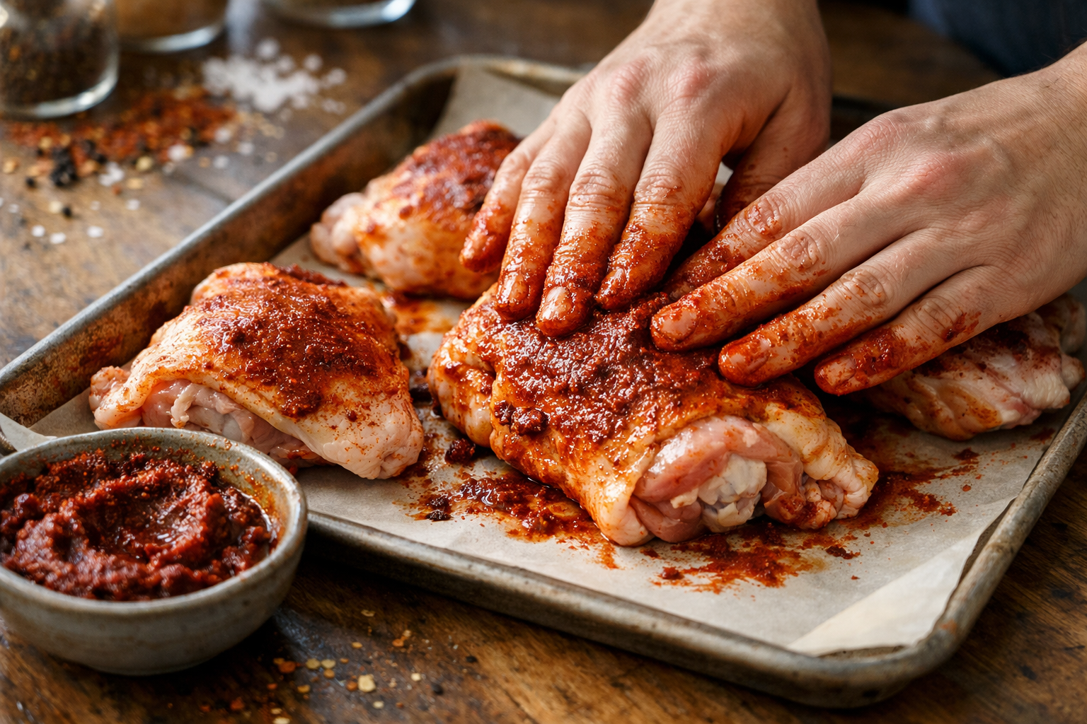 Smoky Paprika Baked Chicken Thighs + Cabbage Slaw