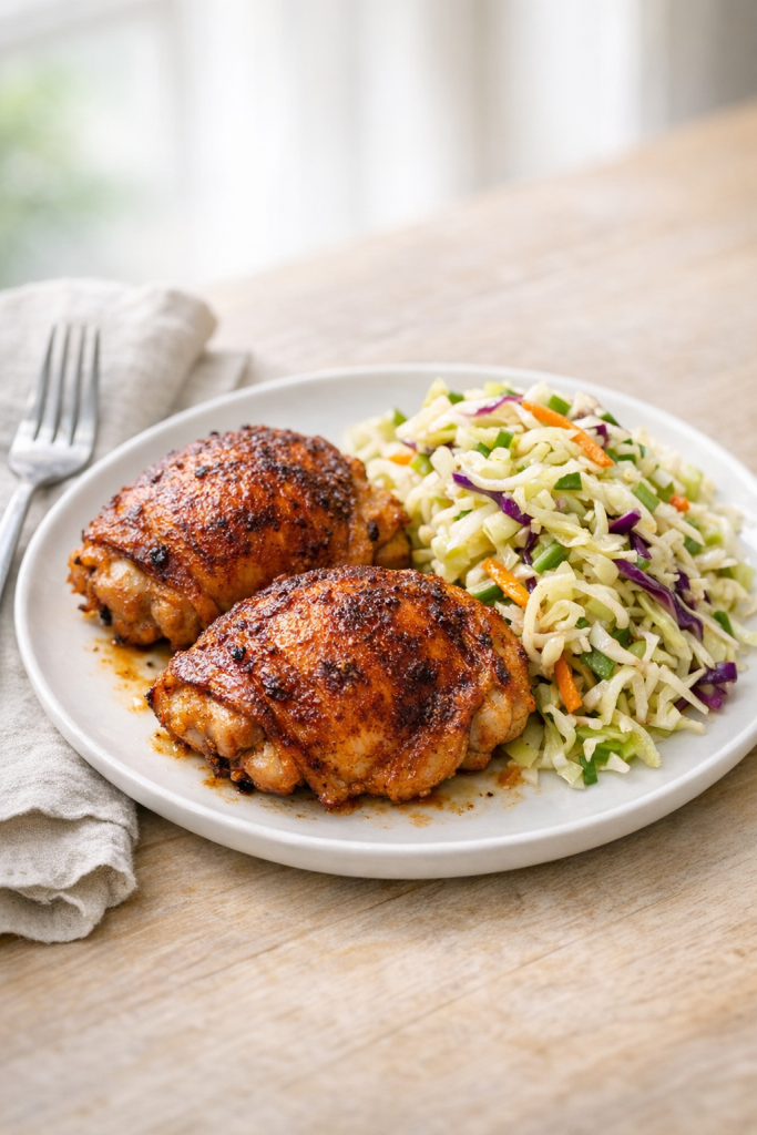 Smoky Paprika Baked Chicken Thighs with Cabbage Slaw recipe