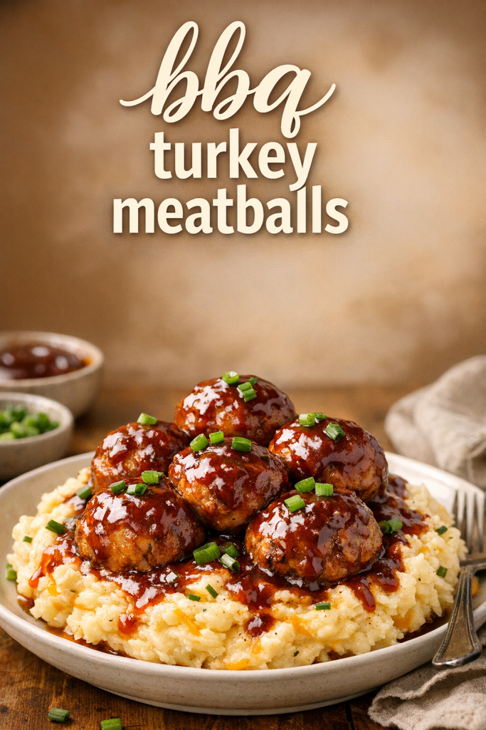 Oven-Baked BBQ Turkey Meatballs with Cheddar Mashed Potatoes