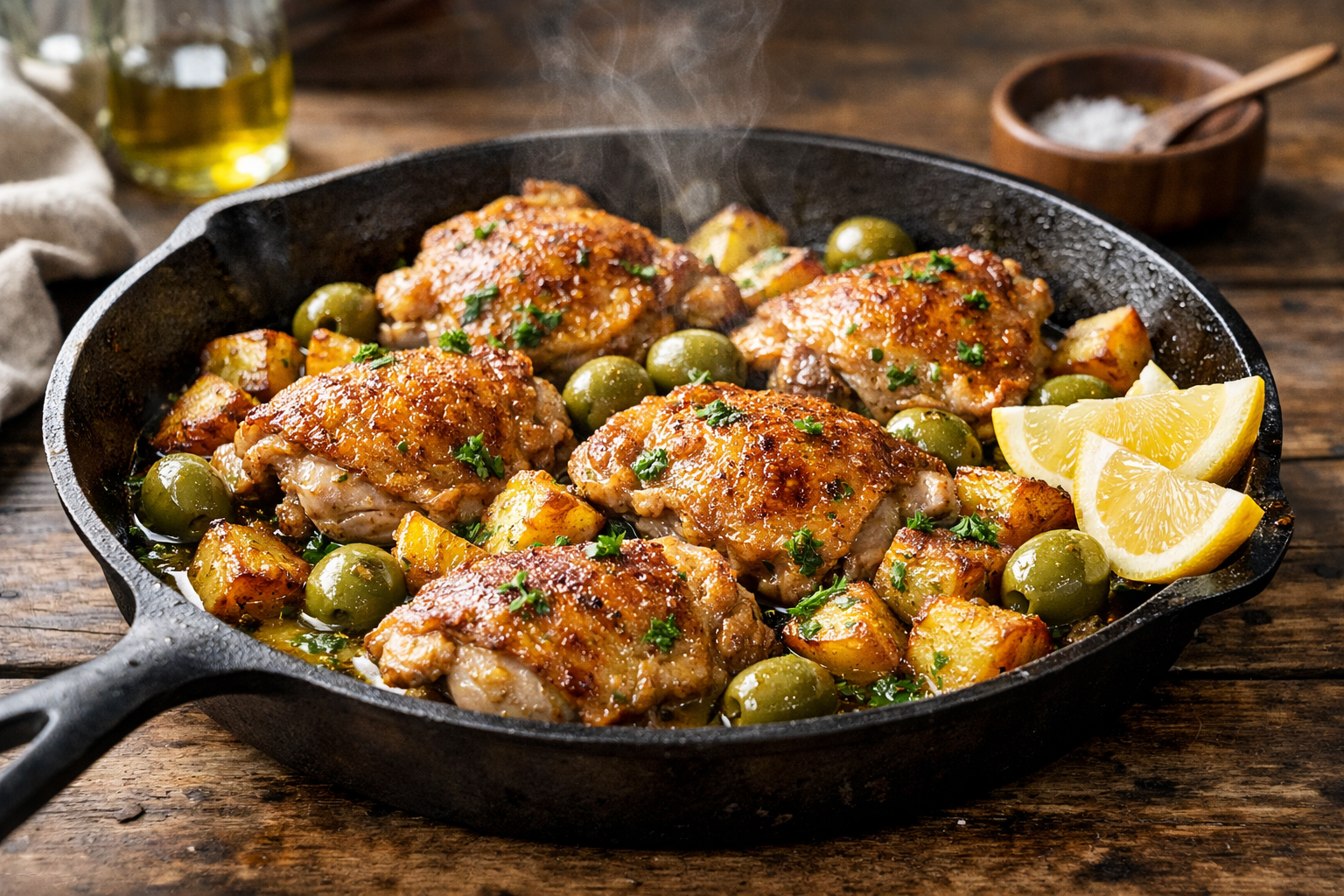 Skillet Lemon-Olive Chicken with Crispy Potatoes