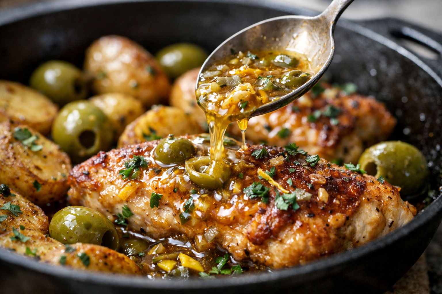 Skillet Lemon-Olive Chicken with Crispy Potatoes