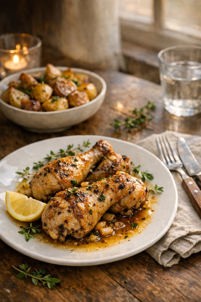 Herb-Roasted Chicken Drumsticks with Garlic Pan Jus recipe