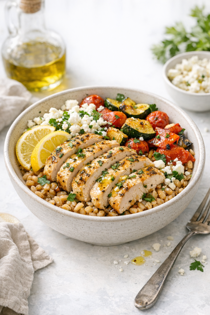 Mediterranean Chicken Farro Bowls with Roasted Vegetables recipe