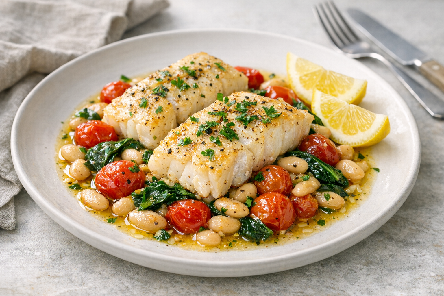 Oven-Roasted Cod with Spinach, Tomatoes & Beans