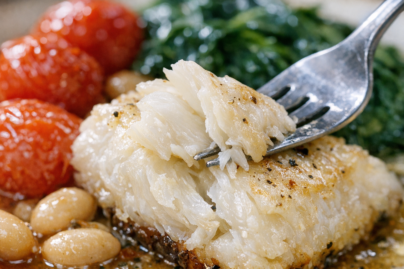 Oven-Roasted Cod with Spinach, Tomatoes & Beans
