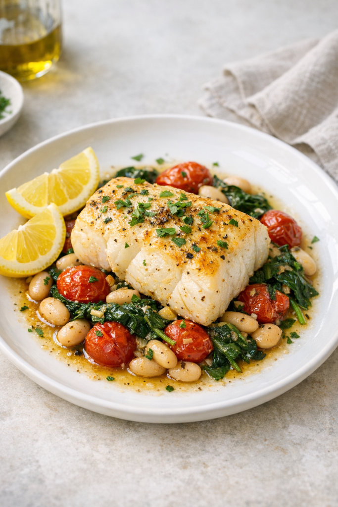 Oven-Roasted Cod with Spinach, Tomatoes, and White Beans recipe