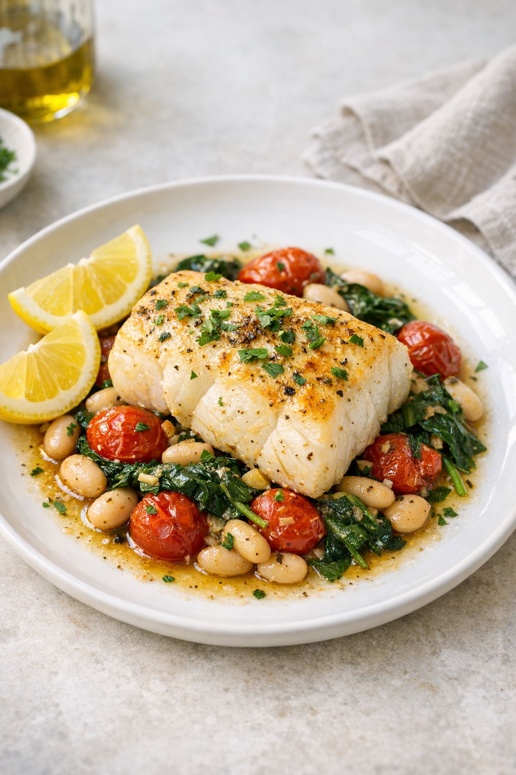 Oven-Roasted Cod with Spinach, Tomatoes & Beans