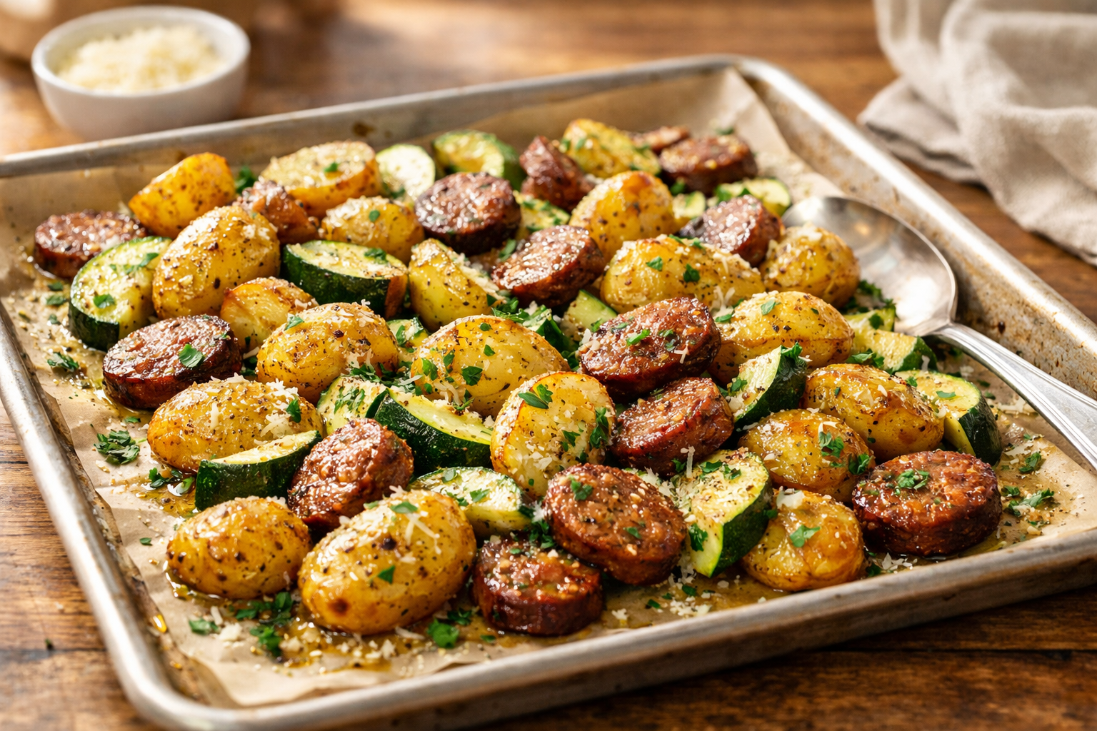 One-Pan Sausage, Zucchini & Parmesan Potatoes