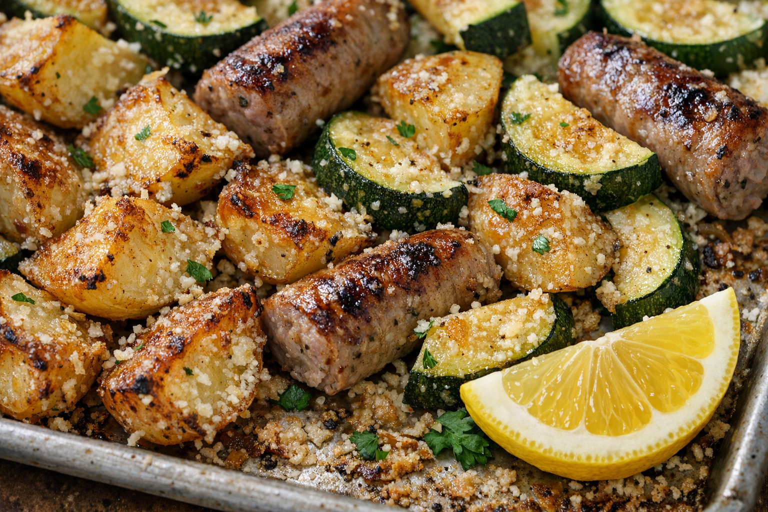 One-Pan Sausage, Zucchini & Parmesan Potatoes