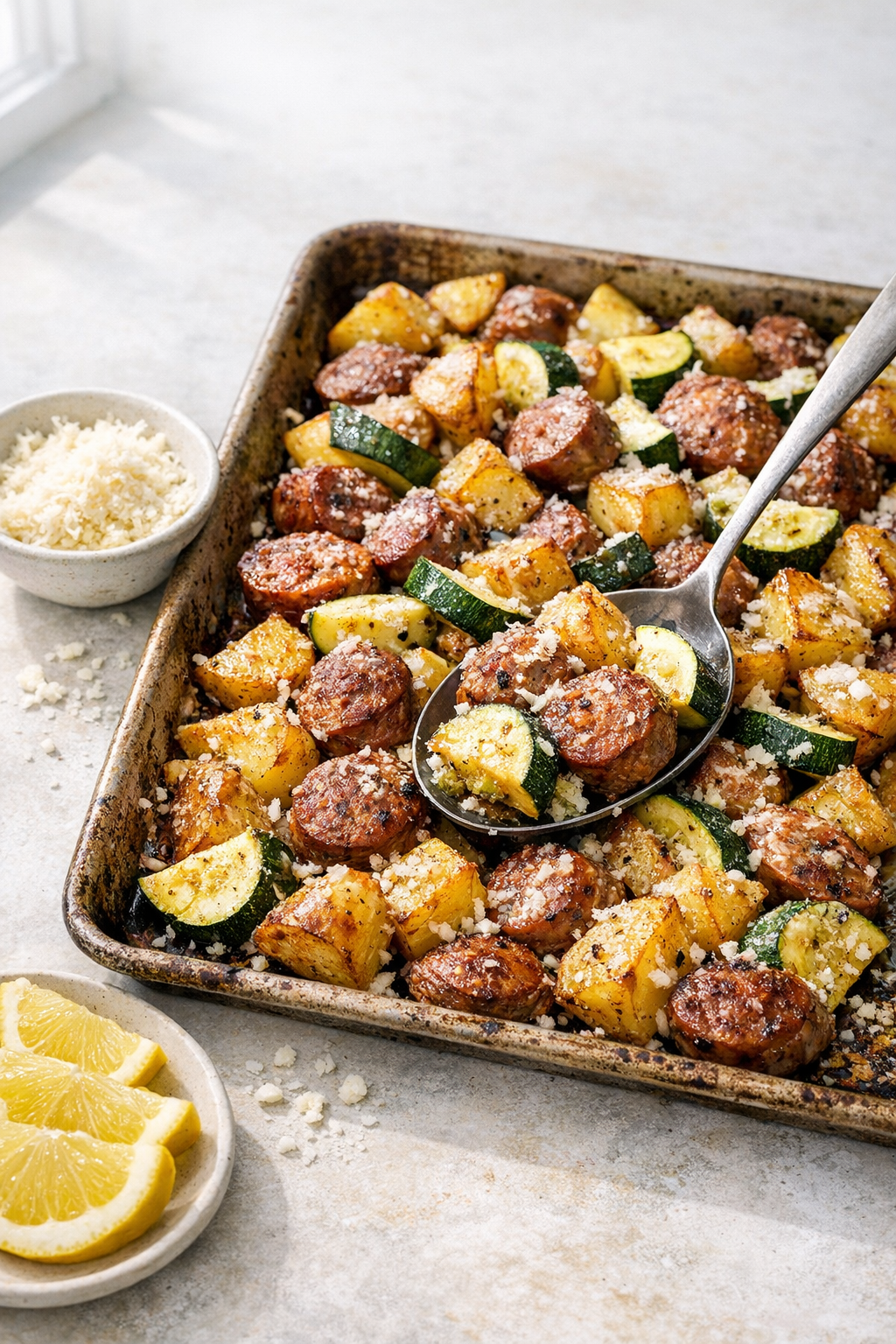 One-Pan Sausage, Zucchini, and Parmesan Potatoes recipe