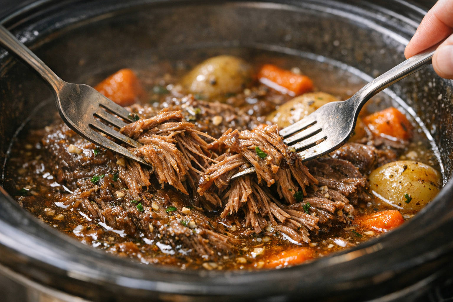 Slow Cooker Garlic Herb Beef with Carrots & Potatoes