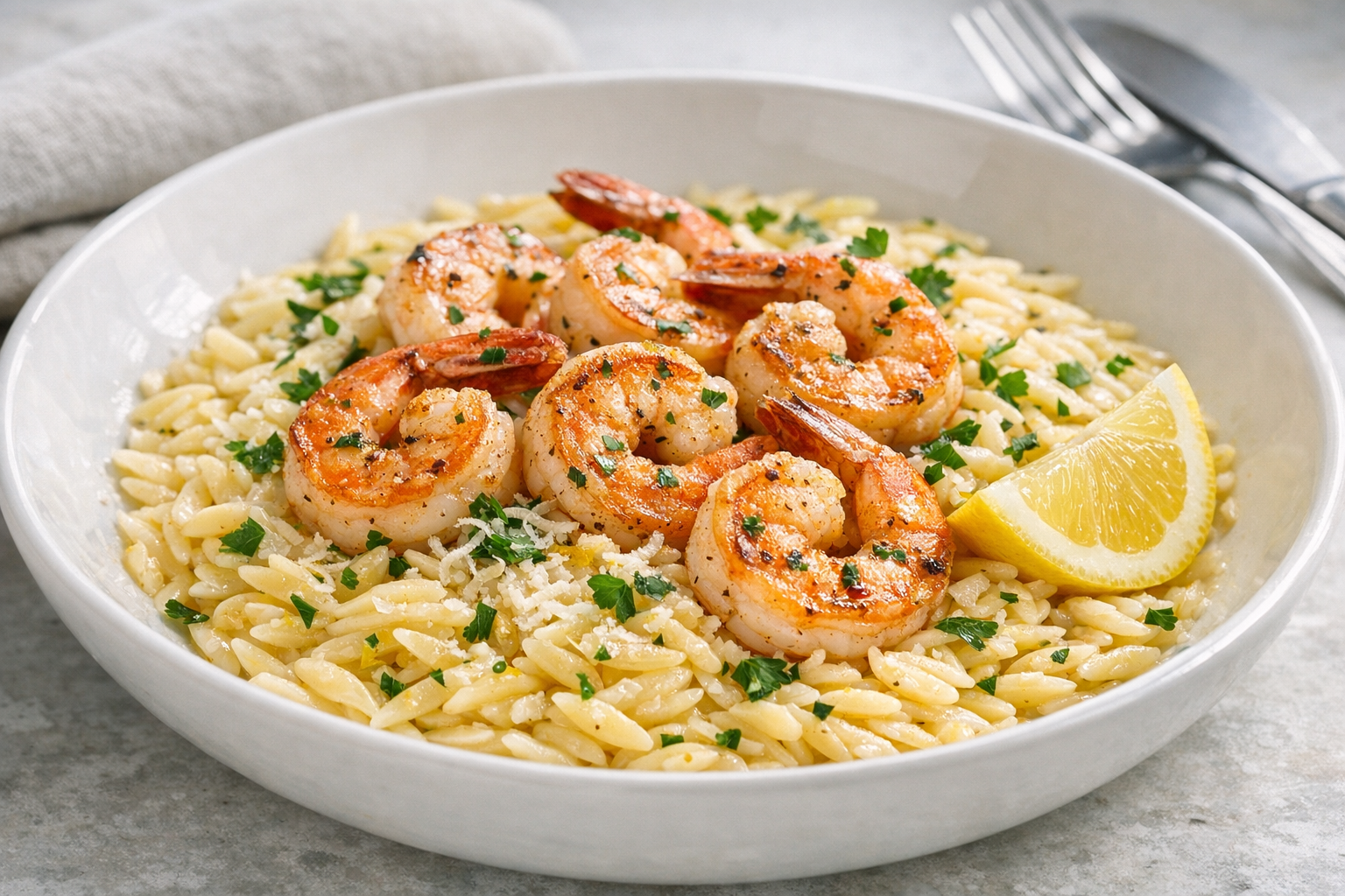 Pan-Seared Shrimp with Lemon Butter Orzo Recipe