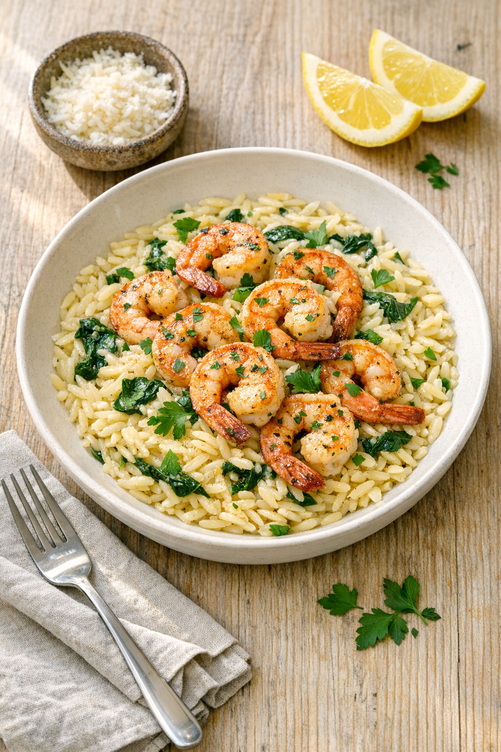 Pan-Seared Shrimp with Lemon Butter Orzo recipe