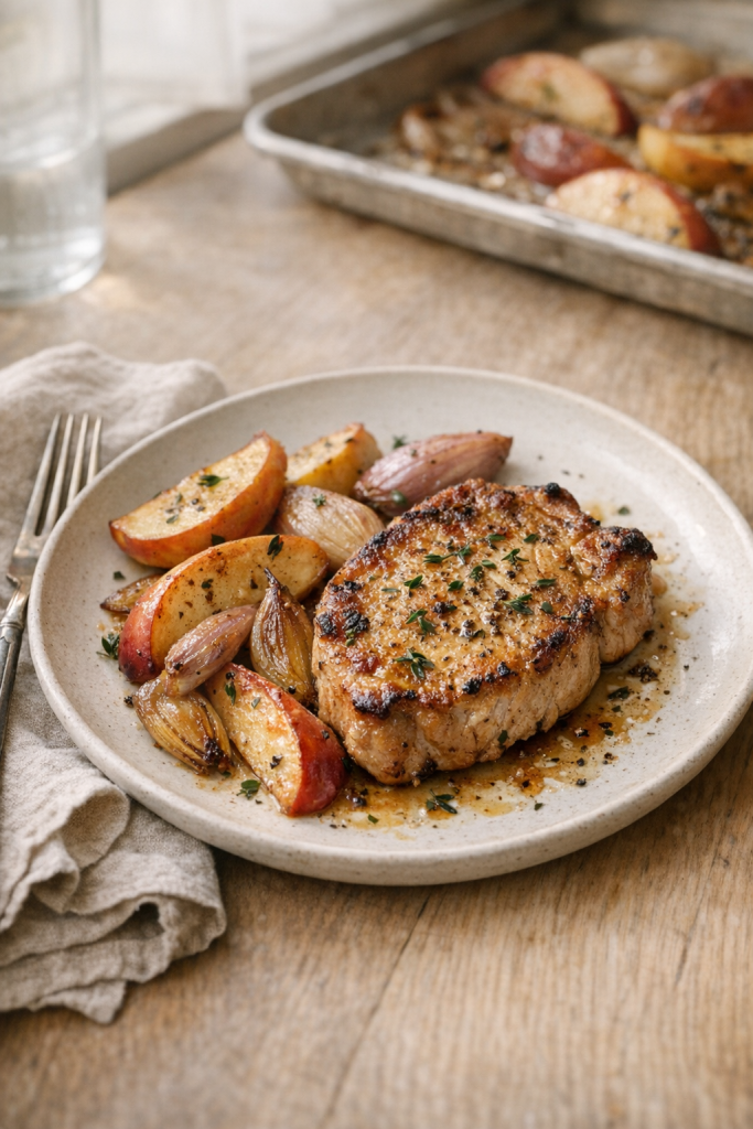 Sheet-Pan Pork Chops with Apples and Roasted Shallots recipe