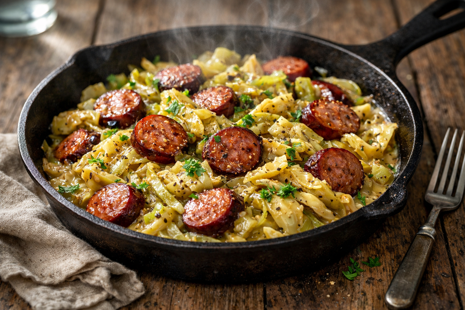 Cabbage and Sausage Skillet with Mustard Cream