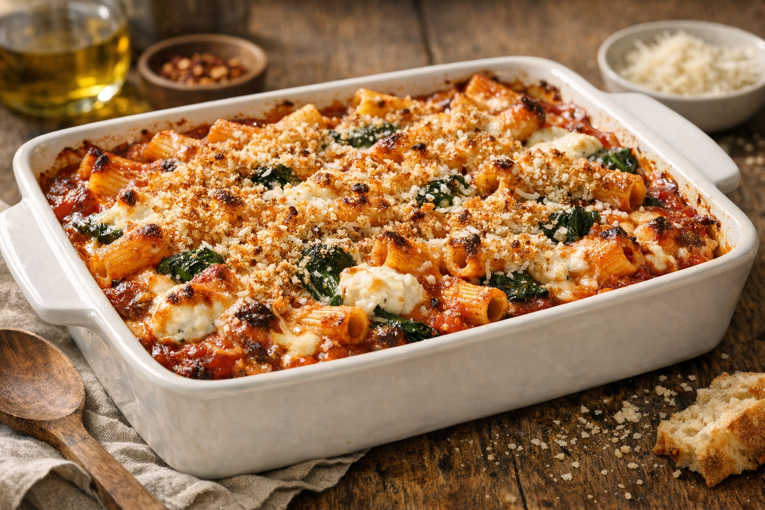 Baked Rigatoni with Spinach, Ricotta & Breadcrumbs