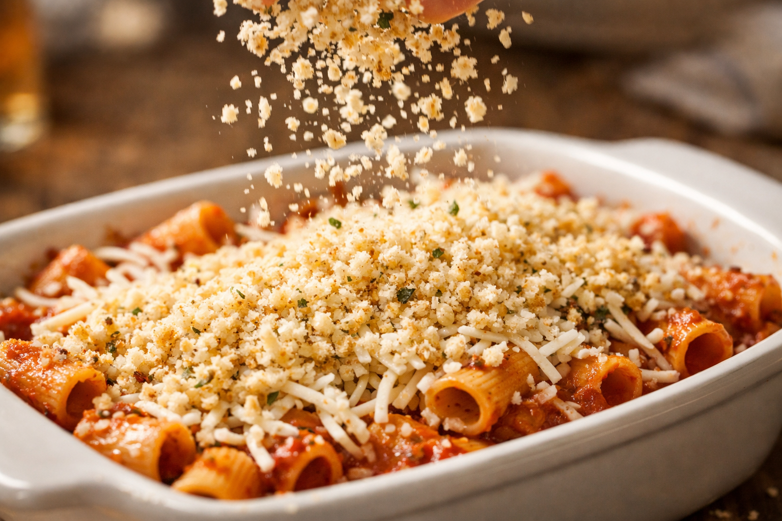 Baked Rigatoni with Spinach, Ricotta & Breadcrumbs