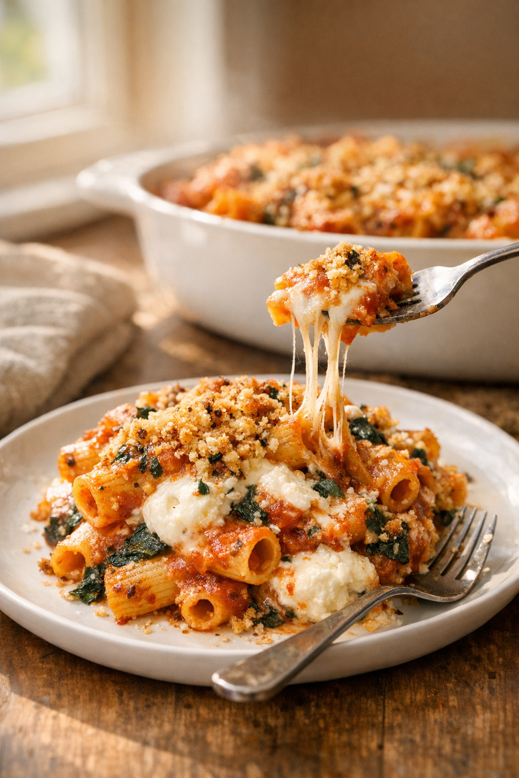 Baked Rigatoni with Spinach, Ricotta, and Crispy Breadcrumbs recipe