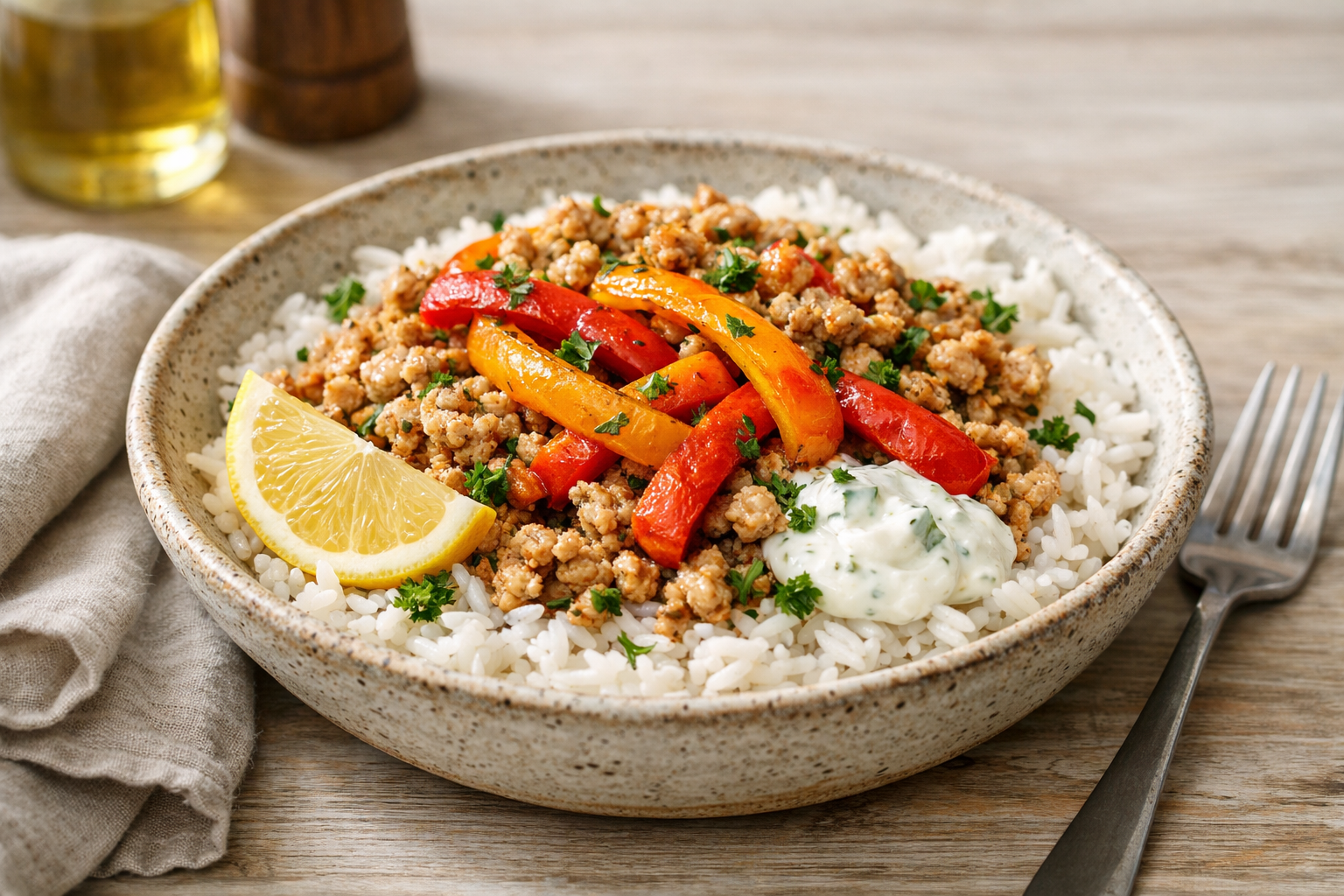 Garlic Herb Turkey Rice Bowls with Roasted Peppers