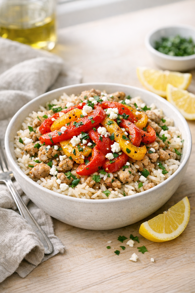 Garlic Herb Turkey Rice Bowls with Roasted Peppers recipe