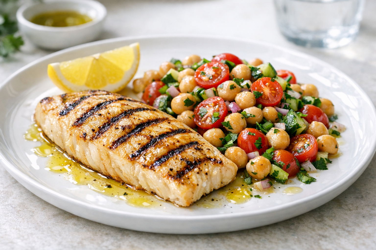 Grilled Fish with Chickpea Tomato Salad & Herbs
