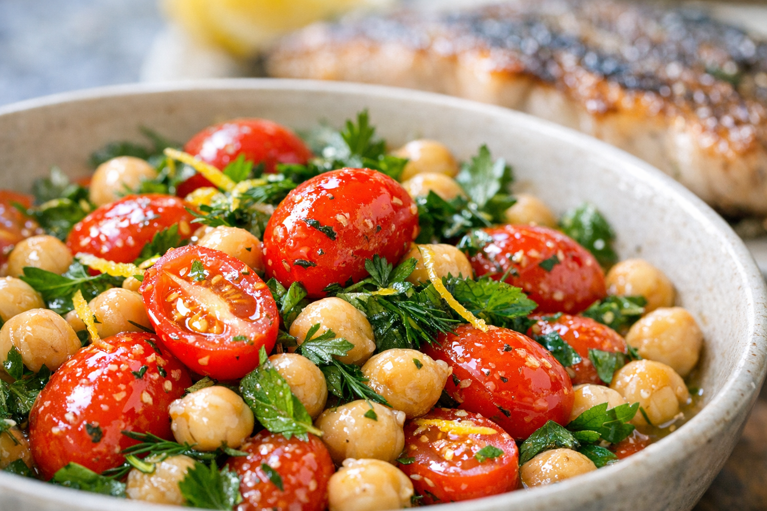 Grilled Fish with Chickpea Tomato Salad & Herbs