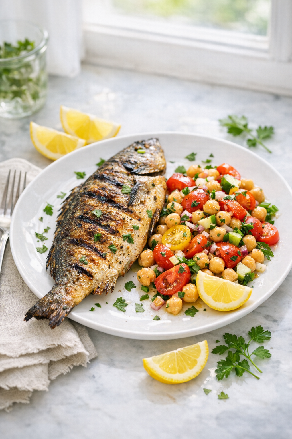 Grilled Fish with Chickpea Tomato Salad and Fresh Herbs recipe