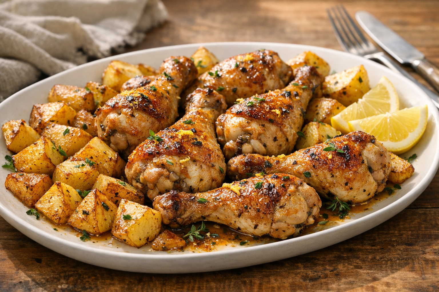 Oven-Baked Lemon Thyme Chicken Legs & Potatoes