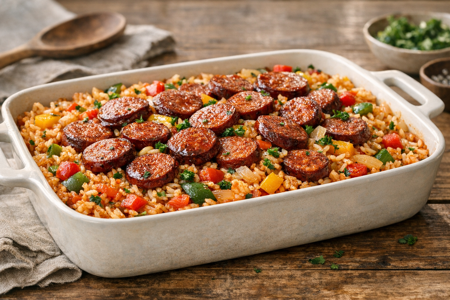 One-Pan Sausage and Bell Pepper Rice Bake