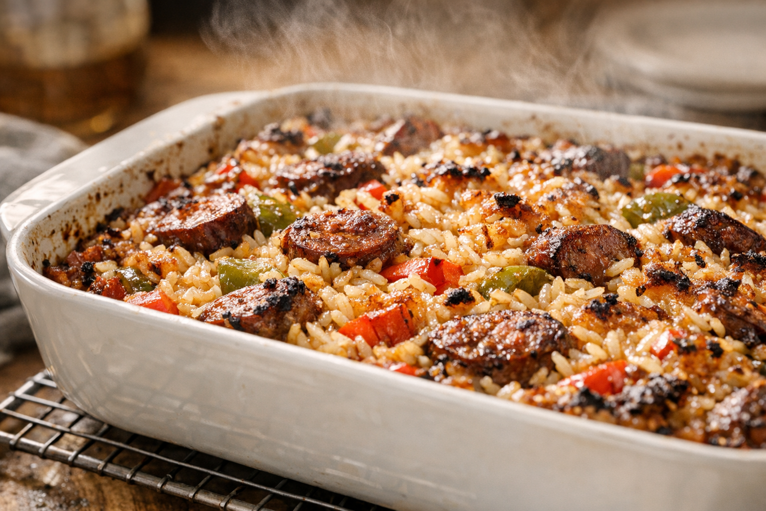 One-Pan Sausage and Bell Pepper Rice Bake