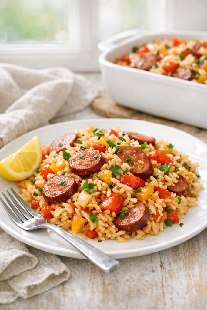 One-Pan Sausage and Bell Pepper Rice Bake recipe