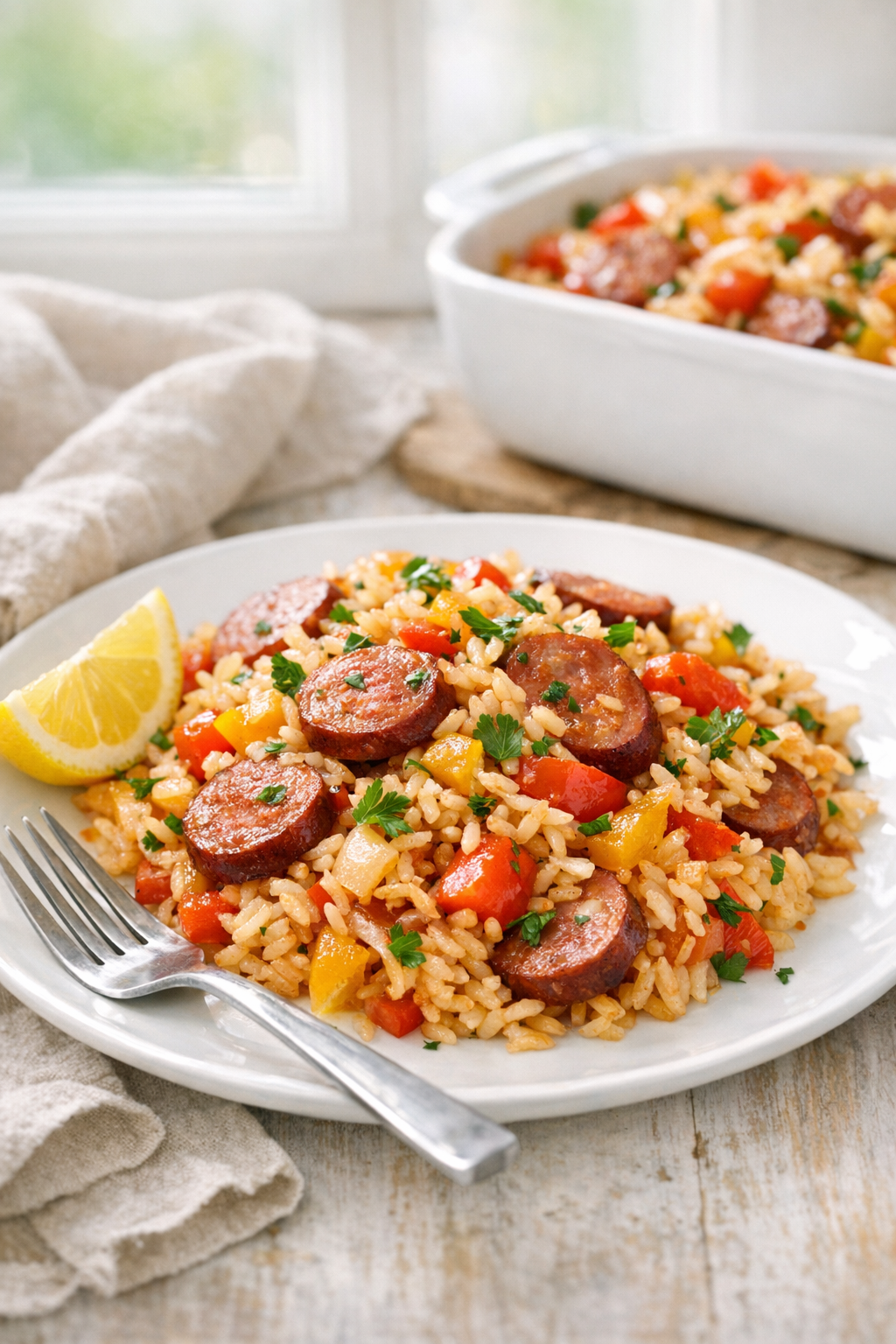 One-Pan Sausage and Bell Pepper Rice Bake recipe