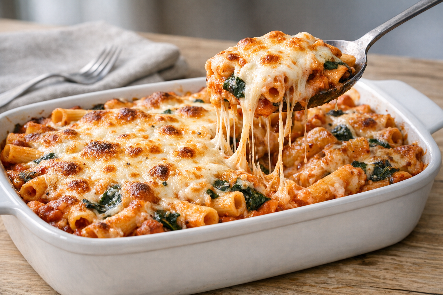 Creamy Baked Ziti with Spinach and Mozzarella