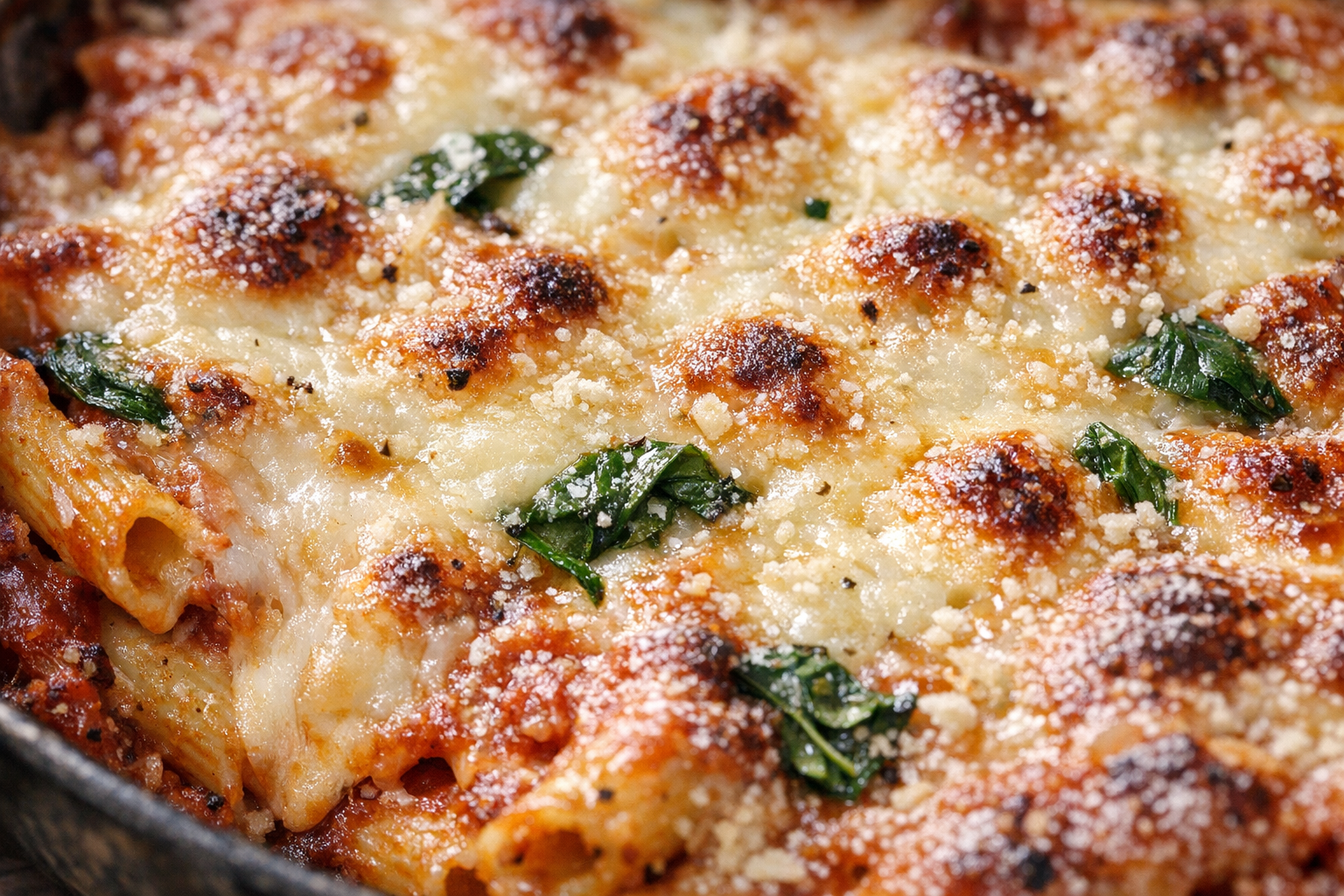Creamy Baked Ziti with Spinach and Mozzarella