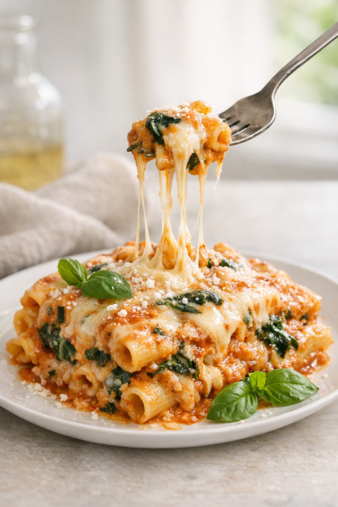 Creamy Baked Ziti with Spinach and Mozzarella recipe