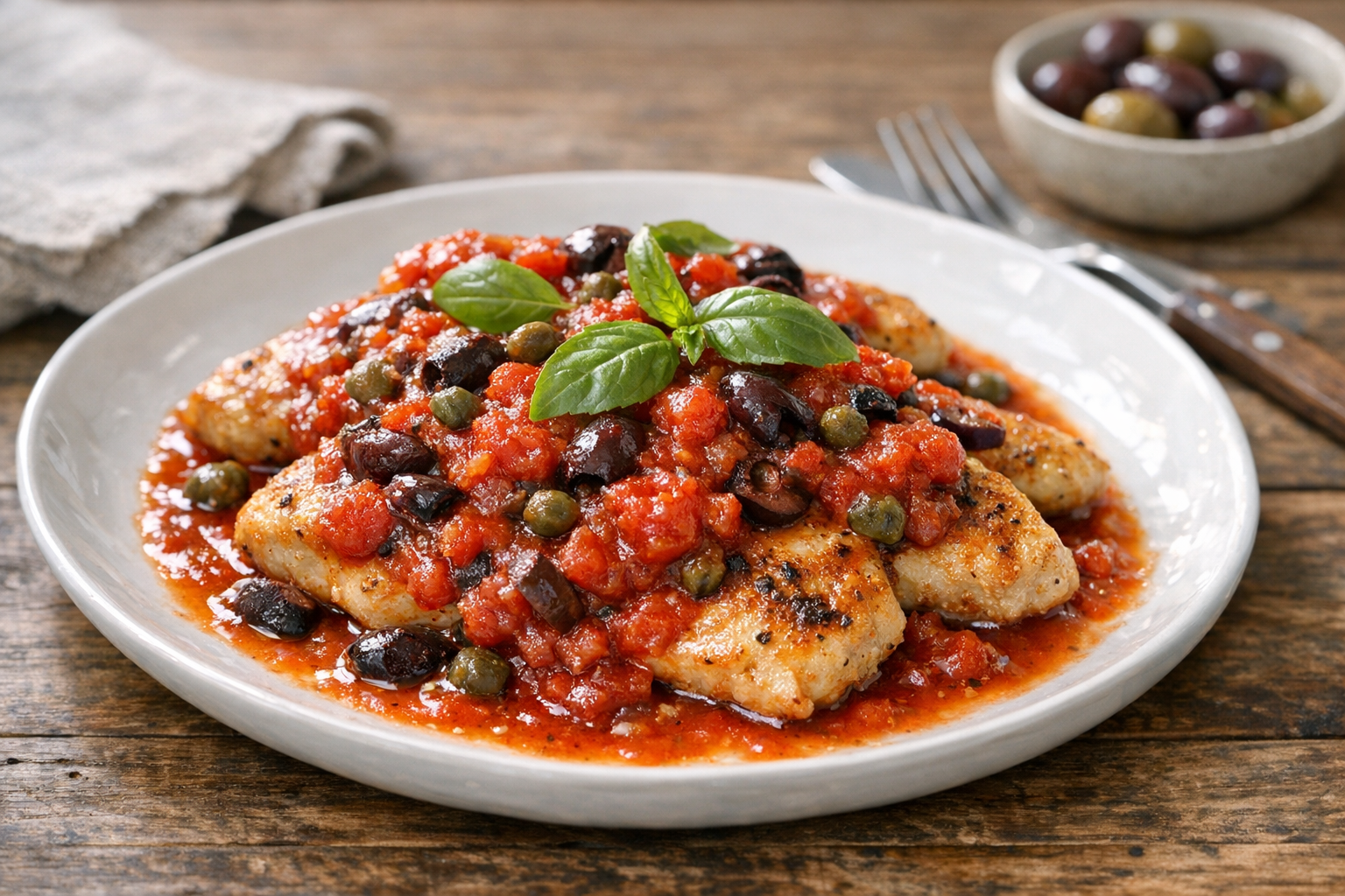 Pan-Seared Chicken with Tomato Olive Sauce