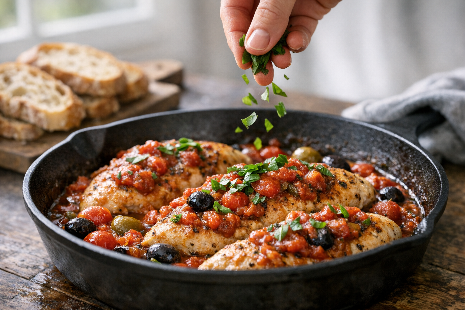 Pan-Seared Chicken with Tomato Olive Sauce